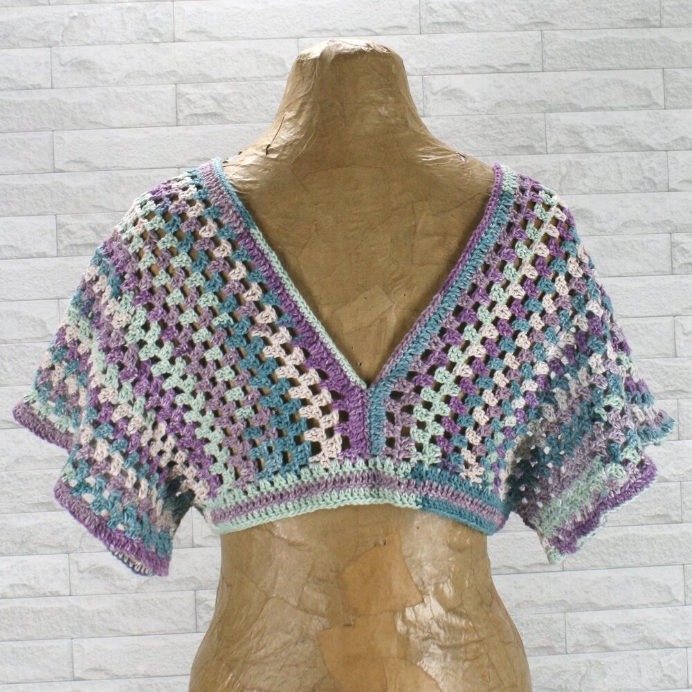 HAND CRAFTED Cardigan Ultra Cropped Crochet Lavender Granny Square Boho Stripe - Picture 5 of 11